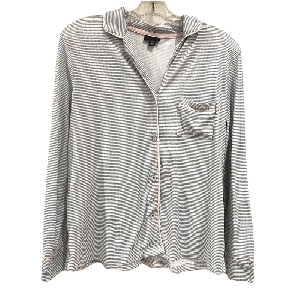 Tahari Pajama Shirt Women's Size M Gray Pink Striped Polyester Blend Button Up